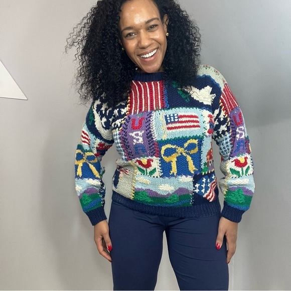 Vintage Northern isles Handknit Crewneck Sweater 3D Sweater Maximalist AOP USA - Picture 1 of 14